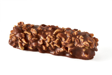Chocolate waffle bar with caramel and peanuts isolated on white background