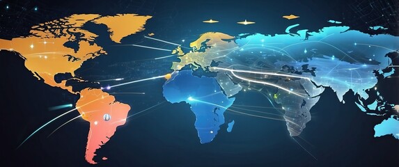 Digital world map with colorful continents and glowing connections, symbolizing global communication, technology, and international connectivity