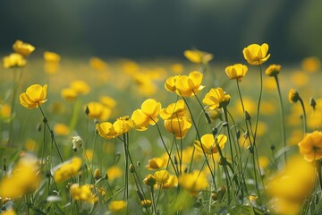 Obraz premium Bright yellow flowers covering a field, Buttercups scattered in a meadow, AI generated