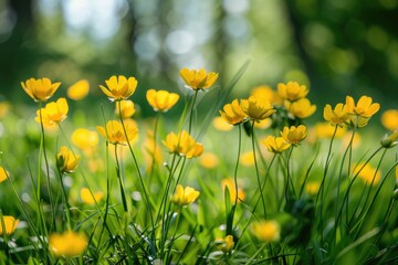 Obraz premium Bright yellow flowers covering a field, Buttercups scattered in a meadow, AI generated