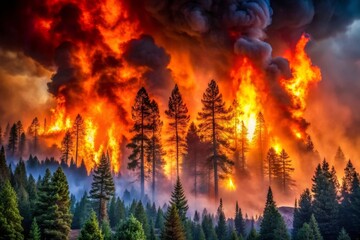 Fototapeta premium Intense forest fire with towering flames and billowing smoke, showcasing the destructive power of wildfires.