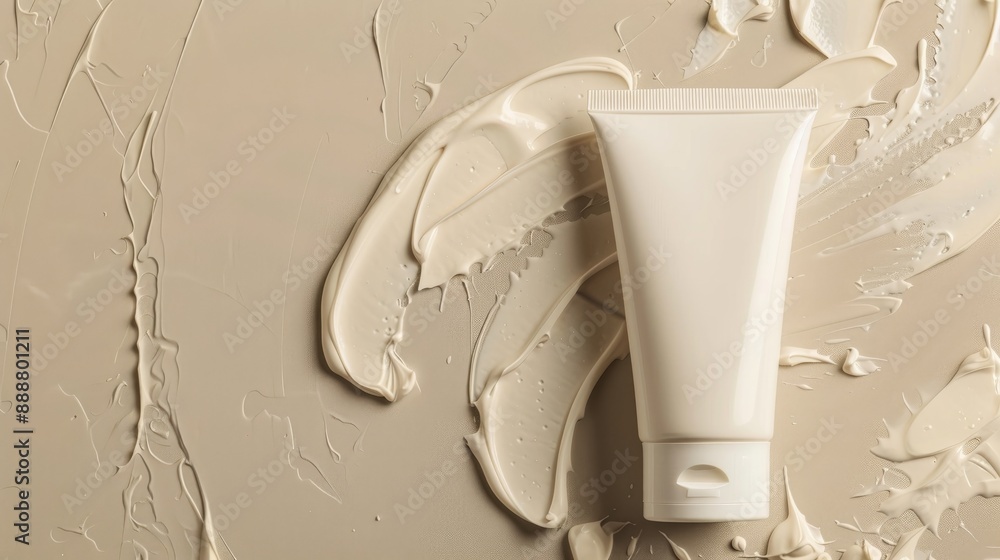 Aufkleber view of open tube with squeezed cream on neutral background and space for writing