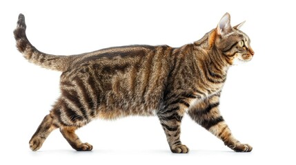 Striped cat with curious expression walking and looking up in profile on white background