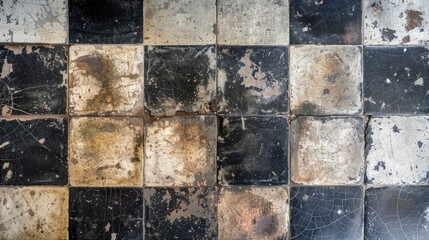 Fototapeta premium Old worn square floor tiles with checkered pattern from above