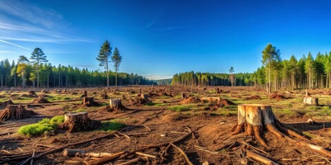 Fototapeta premium Panoramic view of a deforested area with tree stumps and clear sky, highlighting the impact of logging.