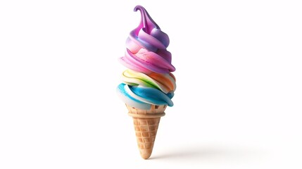 A solitary multicolored ice cream cone on a plain background.