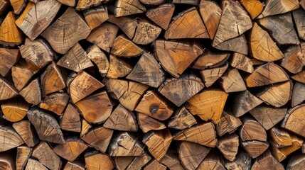 Fototapeta premium Stack of dried chopped firewood logs with open space in panorama