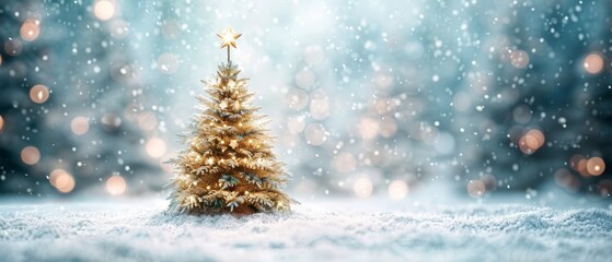 Obraz premium A tiny Christmas tree, crowned with a star, stands solo in a snow-laden field Lights shimmer in the background