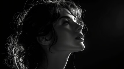 Woman Looking Upward in Black and White