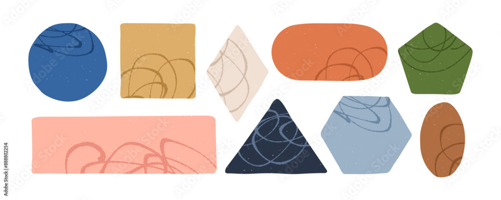 Aufkleber Geometric shapes set. Geometry figures, basic forms in modern style. Square, triangle, circle, rectangle with scribble drawing, design elements. Flat vector illustration isolated on white background