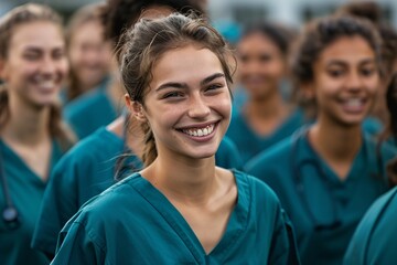 Fototapeta premium Diverse female medical students happily leaving training class in scrubs.