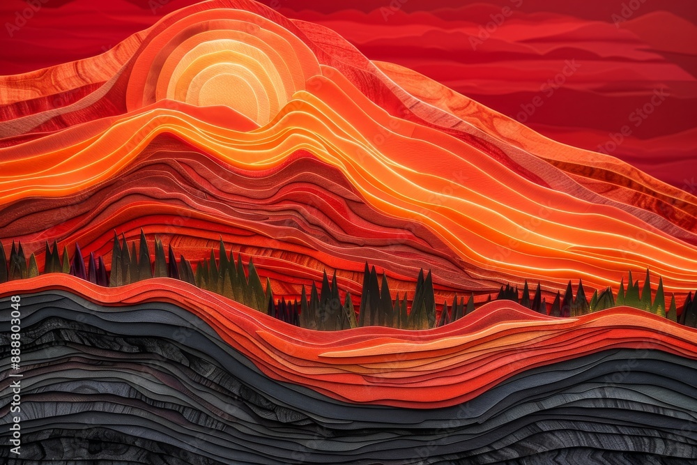 Poster vibrant abstract red and orange layered landscape creating a visually striking and dynamic design