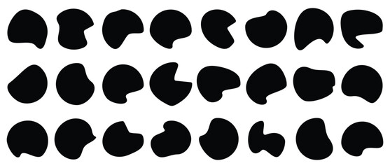 Random shapes. Black blobs, round abstract organic shape collection. Pebble, drops and stone silhouettes. Blotch, abstract elements graphic flat style design fluid vector illustration set.