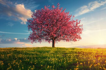 A solitary pink tree amidst a field of green grass, creating a striking contrast in nature, Cherry blossom tree in springtime, AI generated