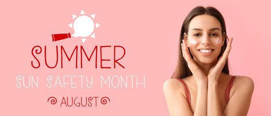 Beautiful young woman with sunscreen cream on her face against pink background