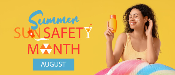 Young African-American woman with sun made of sunscreen cream and swim mattress on yellow background