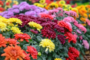 Colorful assortment of flowers in various hues, Chrysanthemums in a variety of colors, AI generated