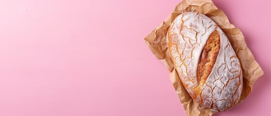  A loaf of bread atop pink wax paper on a pink surface against a pink background