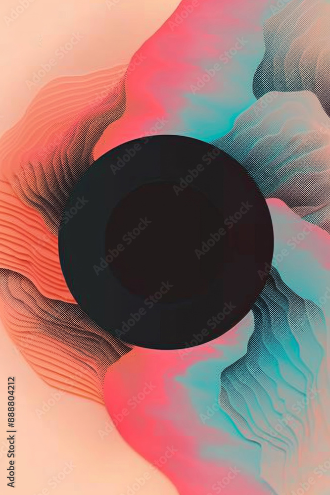 Wall mural an abstract image featuring a central black circle surrounded by vibrant, swirling colors in blues, 