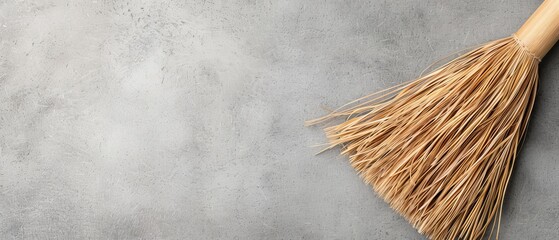  A tight shot of a broom against a concrete floor Gray wall in the background, another in the foreground