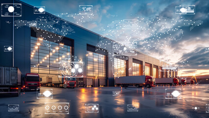 Smart logistics depot with digital interfaces and trucks in an evening setting