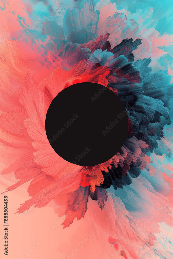 Wall mural an abstract image featuring a central black circle surrounded by vibrant, swirling colors in blues, pink and peach, flat illustration, modern trendy design poster