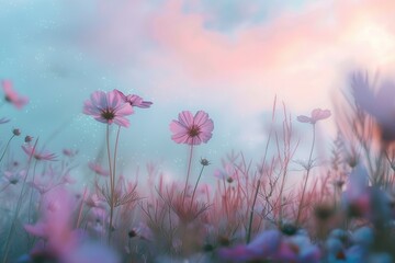 Vibrant cosmos flowers under the sun in a field, Cosmos flowers swaying in a meadow, AI generated