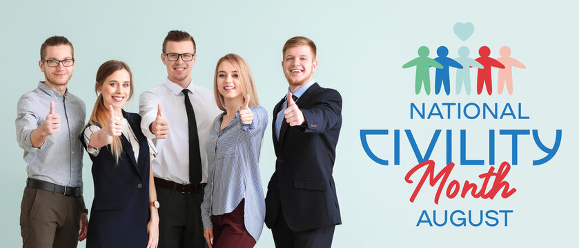 Group of young business people showing thumb-up gesture on light background