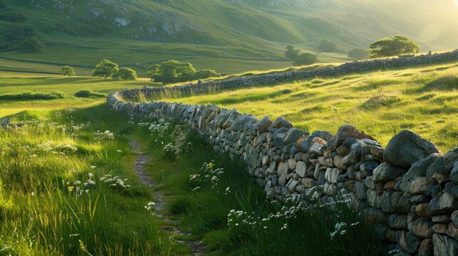 Stone wall winding through spring meadow