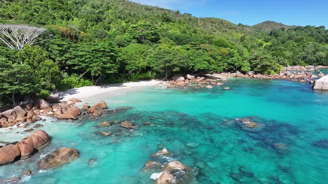 Anse Lazio At Praslin Island Victoria Seychelles. Stunning Tropical Coastline Beach Scene Viewed From Above. Shore Horizon Beach Sea. Shore Beach Panorama. Praslin Island Victoria.