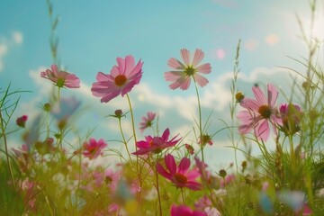 Bright cosmos flowers shining in a sunny field, Cosmos flowers swaying in a meadow, AI generated