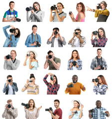 Collection of different people with photo cameras on white background