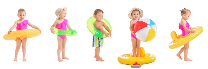 Collage of cute babies with inflatable rings and ball on white background