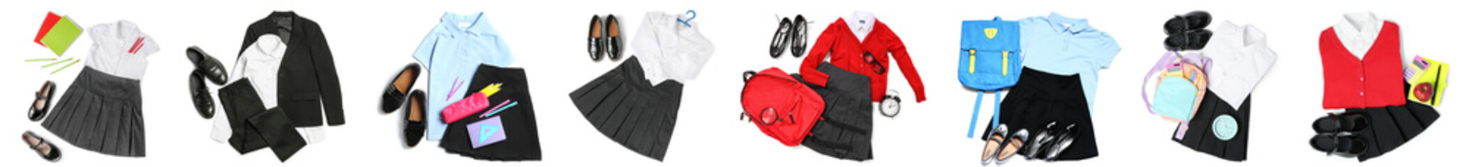 Set of school uniform on white background, top view