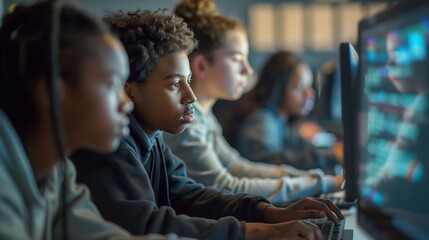 Focused high school students participate in a group coding activity, utilizing laptops and modern technology to enhance their problem-solving skills and prepare for future careers in STEM fields