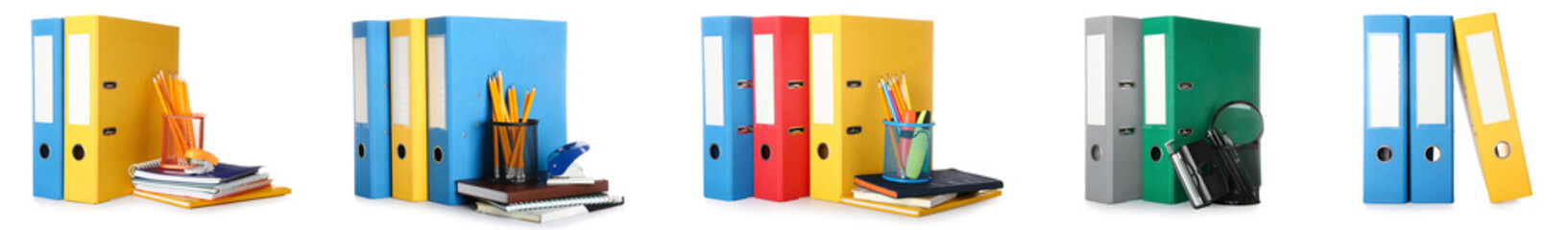 Set of office folders with stationery on white background