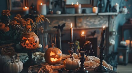 An intricately decorated indoor Halloween scene with jack-o'-lanterns, candles, creating a hauntingly beautiful environment that captures the essence of Halloween party festivities and spooky charm