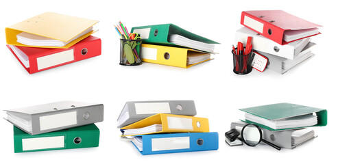 Group of office folders with stationery on white background