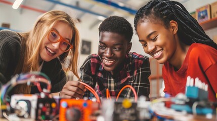 A group of diverse high school students working on a robotics project in their STEM class, teamwork and enthusiasm for technology and innovation. modern education and youth engagement in science