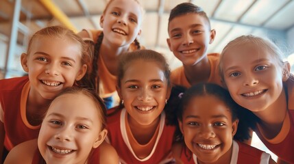 A joyful team of young students from diverse backgrounds, posing with smiles and showing their strong bond and team spirit in a modern indoor sports venue.
