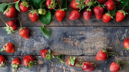 Strawberries displayed on a wooden surface