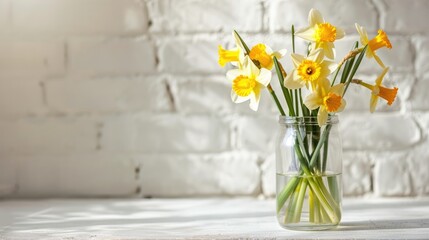 Narcissus filled jar against white brick Spring mother s day Easter theme Horizontal close up