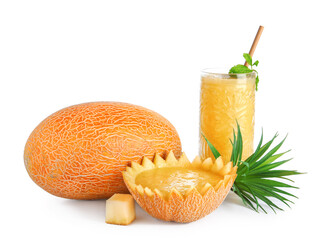 Glass of tasty melon smoothie with mint on white background