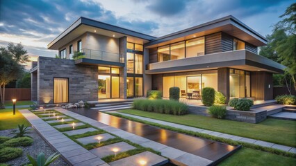 Fototapeta premium Modern luxurious villa with sleek lines, slate gray exterior, large windows, and beautifully landscaped garden under blue sky.