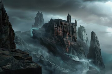 Fototapeta premium Mysterious Gothic Castle Perched on Rocky Cliffs Amidst Stormy Skies