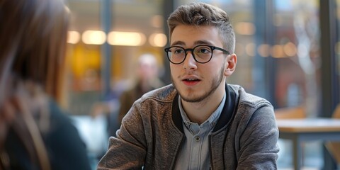 A male candidate being assessed by an interviewer for college admission.