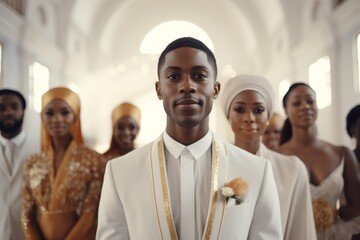 Obraz premium groom in white attire stands confidently, surrounded by bridesmaids in gold and white dresses, creating an elegant and sophisticated wedding scene