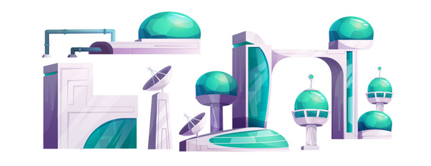 Outer space alien planet station or colony buildings. Cartoon vector illustration set of futuristic technology cosmos base for science exploration and colonization. Fantasy fiction astronaut house. © klyaksun