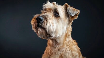 Soft coated Wheaten Terrier posing against black studio background