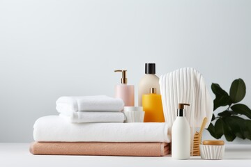 neatly arranged set of bath towels and toiletries on a white surface, evoking a sense of cleanliness and luxury